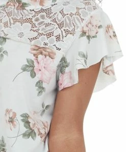 BiBi Tops Off White Floral Print Lace Yoke Knit Top