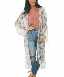 Peach Love Tops Off White Floral Print Long Sleeve Kimono
