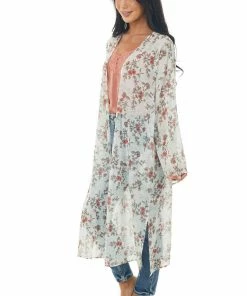 Peach Love Tops Off White Floral Print Long Sleeve Kimono