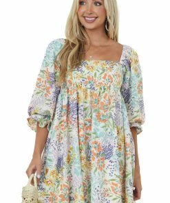 Sweet Lemon Off White Floral Puff Sleeve Babydoll Mini Dress 12 Sweet Lemon Off White Floral Puff Sleeve Babydoll Mini Dress