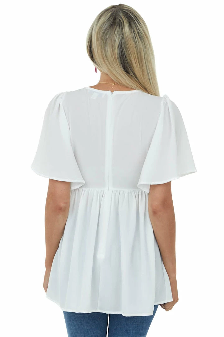 She + Sky Off White Flutter Sleeve Babydoll Tunic Blouse 7 She + Sky Off White Flutter Sleeve Babydoll Tunic Blouse