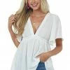 She + Sky Off White Flutter Sleeve Babydoll Tunic Blouse