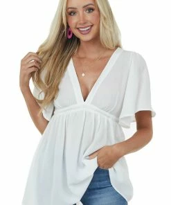 She + Sky Off White Flutter Sleeve Babydoll Tunic Blouse