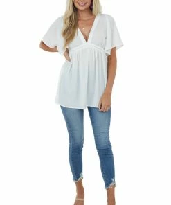 She + Sky Off White Flutter Sleeve Babydoll Tunic Blouse