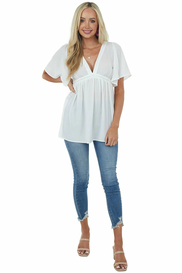 She + Sky Off White Flutter Sleeve Babydoll Tunic Blouse 4 She + Sky Off White Flutter Sleeve Babydoll Tunic Blouse