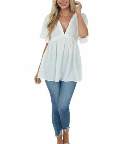 She + Sky Off White Flutter Sleeve Babydoll Tunic Blouse 10 She + Sky Off White Flutter Sleeve Babydoll Tunic Blouse