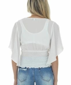 L Love Off White Flutter Sleeve Ruched V Neck Blouse Tops