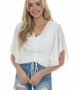 L Love Off White Flutter Sleeve Ruched V Neck Blouse Tops