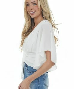 L Love Off White Flutter Sleeve Ruched V Neck Blouse Tops