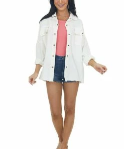 Davi & Dani Off White Fraying Button Down Shacket