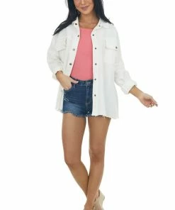 Davi & Dani Off White Fraying Button Down Shacket