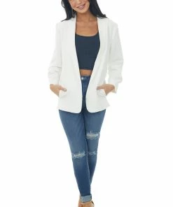 Eesome Off White Gathered Sleeve Blazer With Pockets Outerwear