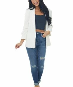Eesome Off White Gathered Sleeve Blazer With Pockets Outerwear