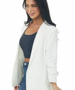Eesome Off White Gathered Sleeve Blazer With Pockets Outerwear
