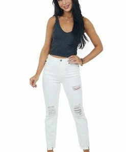 KanCan Off White High Rise Distressed Straight Jeans Bottoms