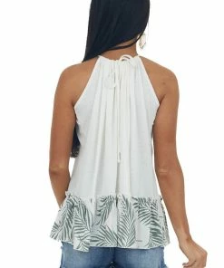 Lovely Melody Off White Knit Tank Top With Tropical Contrast Tops