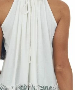 Lovely Melody Off White Knit Tank Top With Tropical Contrast Tops