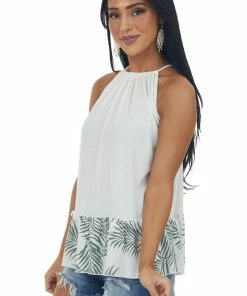 Lovely Melody Off White Knit Tank Top With Tropical Contrast Tops