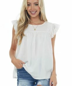Staccato Tops Off White Lace Cap Sleeve Babydoll Blouse