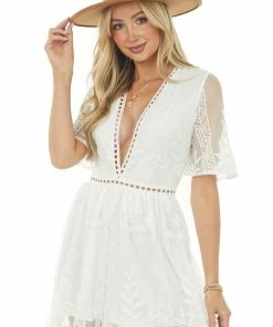 Sweet Lemon Trends Off White Lace Floral V Neck Eyelet Detail Romper