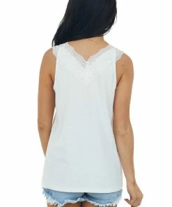 Heyson Off White Lace V Neck Ribbed Knit Tank Top