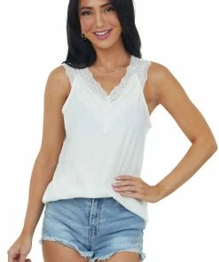Heyson Off White Lace V Neck Ribbed Knit Tank Top