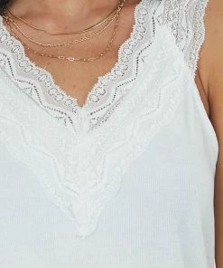 Heyson Off White Lace V Neck Ribbed Knit Tank Top