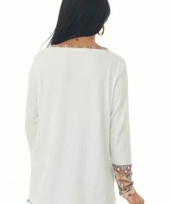 HOPELY Off White Long Sleeve Top With Floral Print Contrast Tops