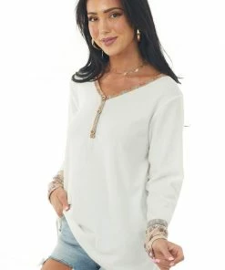 HOPELY Off White Long Sleeve Top With Floral Print Contrast Tops