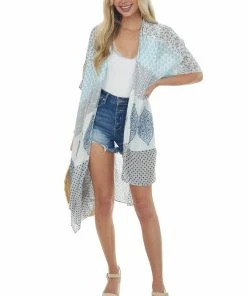 ANGIE Tops Off White Multi Printed Kimono With Side Slits