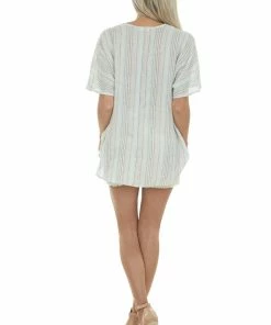 Lime 'N' Chili Tops Off White Multicolor Striped Surplice Top With Short Sleeves