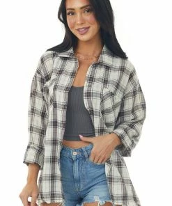 She + Sky Tops Off White Plaid Front Knot Button Down Shirt