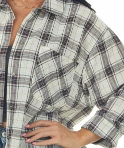 She + Sky Tops Off White Plaid Front Knot Button Down Shirt