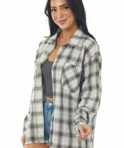 She + Sky Tops Off White Plaid Front Knot Button Down Shirt
