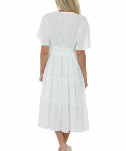 Umgee Off White Plunge Neck Tiered Midi Dress