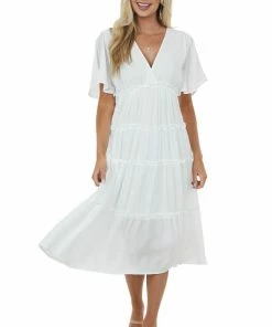 Umgee Off White Plunge Neck Tiered Midi Dress