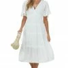 Umgee Off White Plunge Neck Tiered Midi Dress