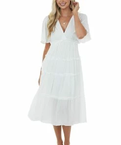 Umgee Off White Plunge Neck Tiered Midi Dress