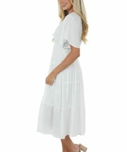 Umgee Off White Plunge Neck Tiered Midi Dress