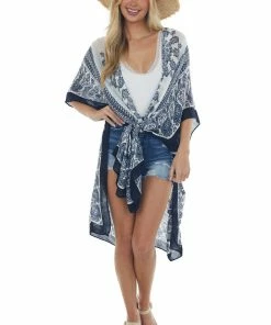 ANGIE Off White Printed Kimono With Side Slits Tops