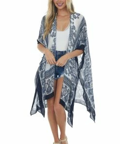 ANGIE Off White Printed Kimono With Side Slits Tops