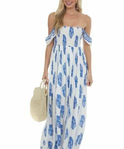 Eesome Off White Printed Off Shoulder Smocked Maxi Dress Dresses