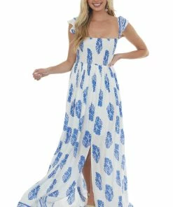Eesome Off White Printed Off Shoulder Smocked Maxi Dress Dresses