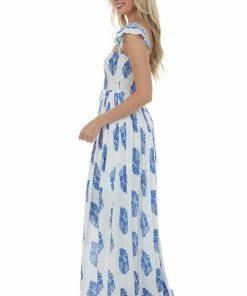 Eesome Off White Printed Off Shoulder Smocked Maxi Dress Dresses