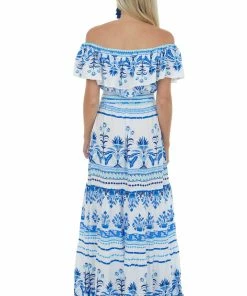 Flying Tomato Off White Printed Off The Shoulder Maxi Dress Dresses