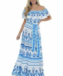 Flying Tomato Off White Printed Off The Shoulder Maxi Dress Dresses