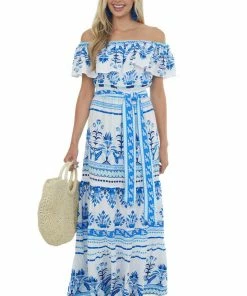Flying Tomato Off White Printed Off The Shoulder Maxi Dress Dresses