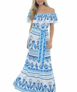 Flying Tomato Off White Printed Off The Shoulder Maxi Dress Dresses