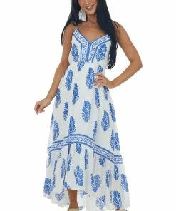 Eesome Off White Printed V Neck High Low Midi Dress