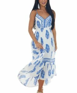 Eesome Off White Printed V Neck High Low Midi Dress
